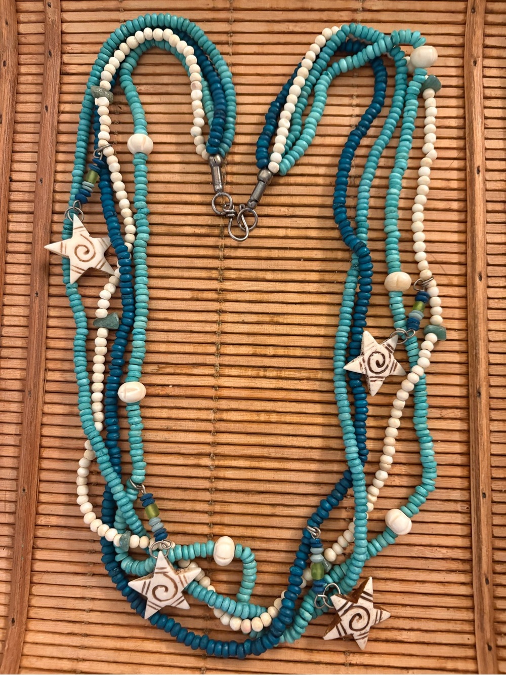 Turquoise & White 30” Multi-Strand Beaded Necklace with Star Charms